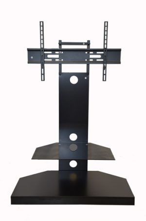amx Black melamine TV stand with glass shelf
