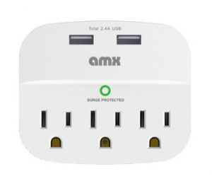 amx 3-Outlet Wall Block Surge Protector (490J) with 2 USB (5V/2.4A) Outlets.